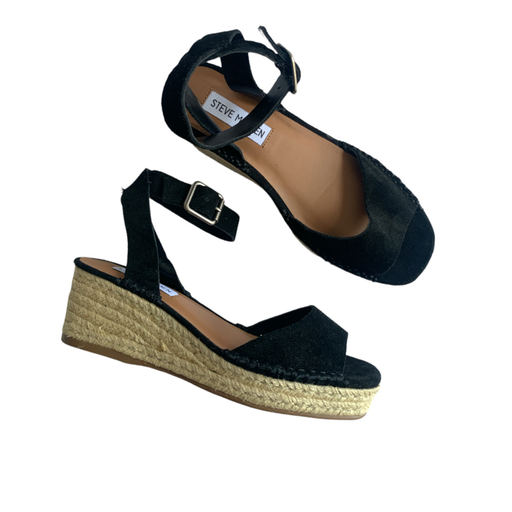 Steve Madden Elody Espadrille Platform Sandals Suede Classic Black Size US 6.5M